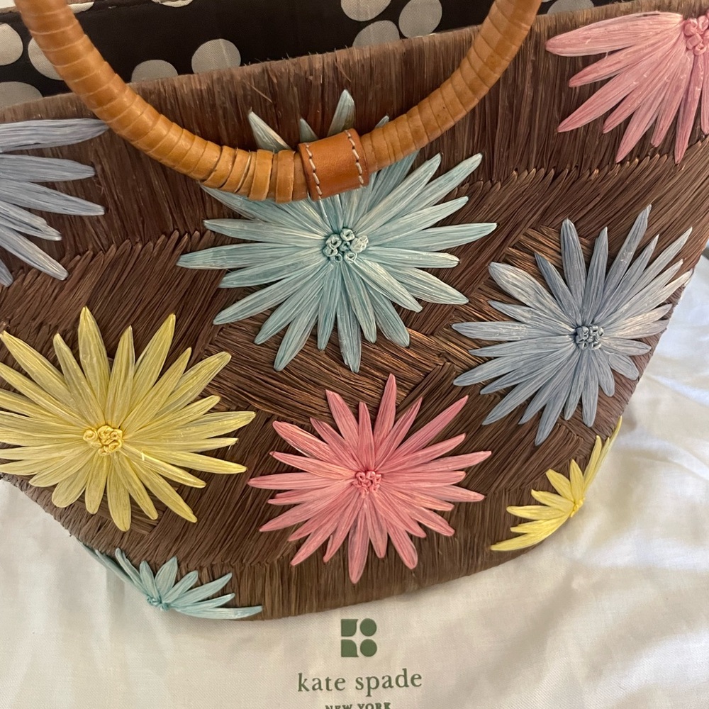 KATE SPADE Top Handle Raffia Flowers/Polka Dot, Dust Bag EUC 🤎🩷🩵 ✨HOST PICK✨ - Picture 15 of 16